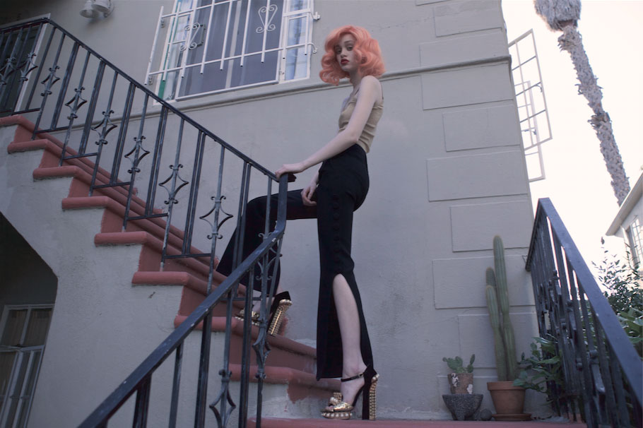 Top Vintage Dolce & Gabbana trousers Celine shoes Vintage Mc Queen  CREW Photographer & Art Director: Marie-Fleur Charlesworth Stylist: Felix Elisabetta Forma Model: Rhiannon @ Vison Los Angeles Talent: Morgan Childers Make-up: Dusty Starks for The Only Hair: Jorge Serrano for The Only Wig: Fumi Noyose